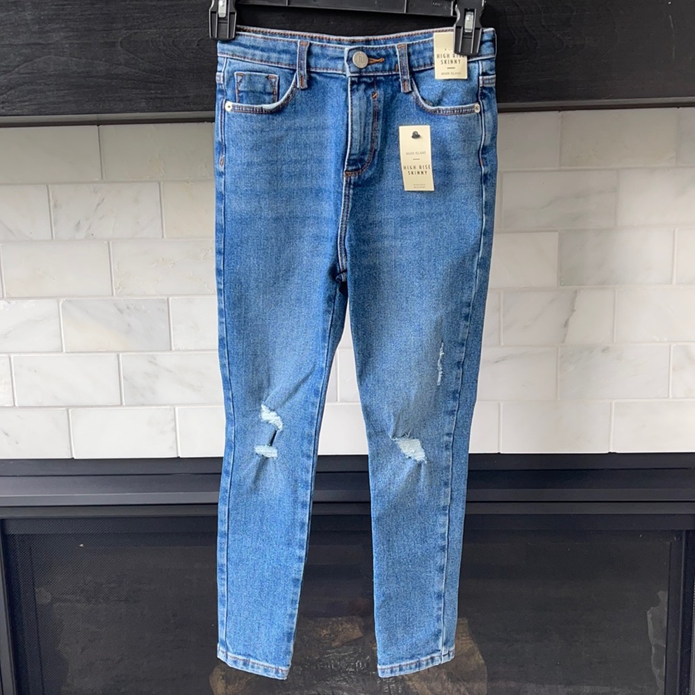 River Island NWT Jeans 9y Girls High Rise Skinny Distressed Blue Medium Denim